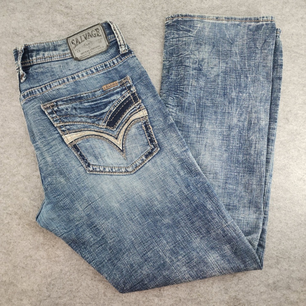 Salvage Mayhem Bootcut Jeans Mens 34 Blue Distressed Buckle Exclusive SLVG